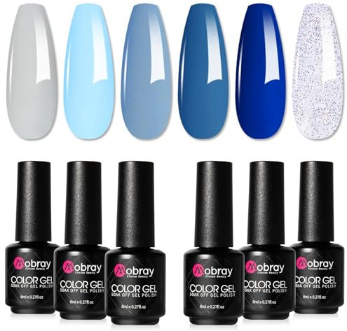 Mobray Smalto Semipermanente Unghie Set 6 Colori, Blu Azzurro Glitter Smalti Semipermanenti per Unghie, Smalto Gel Unghie U V Soak Off Manicure Gel Polish, Inverno Nail Art 6 x 8 ml