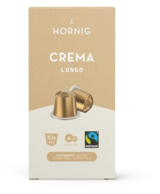 J. Hornig Crema Lungo, Nespresso®-kompatible Aluminium-Kaffeekapseln, 80 Stück (8x10), mild & säurearm, Noten von Schokolade & Ahornsirup, Stärke 3/5, Fairtrade