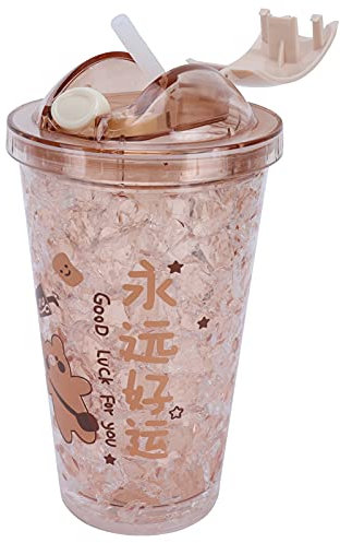 HERCHR Botella De Agua Kawaii con Pajita, Vaso De Agua Lindo De 15 Oz/450 Ml Vaso Grande para Beber Agua Botella De Agua De Doble Pared Vaso Aislado para Viajes Escolares(Marrón)