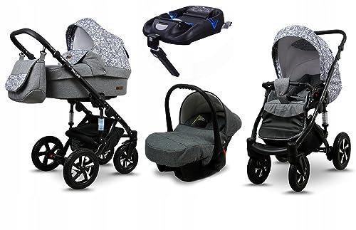 BabyLux® Kinderwagen Set 4 in 1 - Sky Lark - incl. Babywanne, Buggy Sportsitz, Auto-Babyschale, ISOFIX-Basisstation - Autositz - Kinderwagenset - Kombikinderwagen mit Wickeltasche usw.