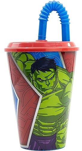 CARTOON Gobelet avec paille pour enfants Avengers verre en plastique réutilisable semi-rigide BPA Free capacité 430 ml