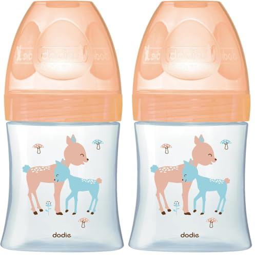 Dodie - Biberon Anti-Colique Sensation+ Verre, BEIGE BICHE, 150ml, 0-6 mois, Tétine plate, Débit 1 (Lot de 2)