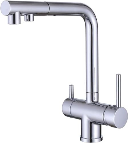 JQFDD Rubinetto Lavello Cucina 3 Vie con Doccetta Estraibile Girevole 2 modalità Multifunzione Rubinetto Miscelatore Tre Vie da Cucina-Cromo