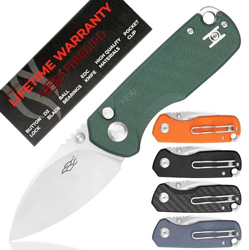 Firebird GANZO FH925-GB Couteau pliant de poche Bouton de verrouillage Lame en acier D2 G10 Poignée antidérapante avec clip Couteau utilitaire de camping (Vert)