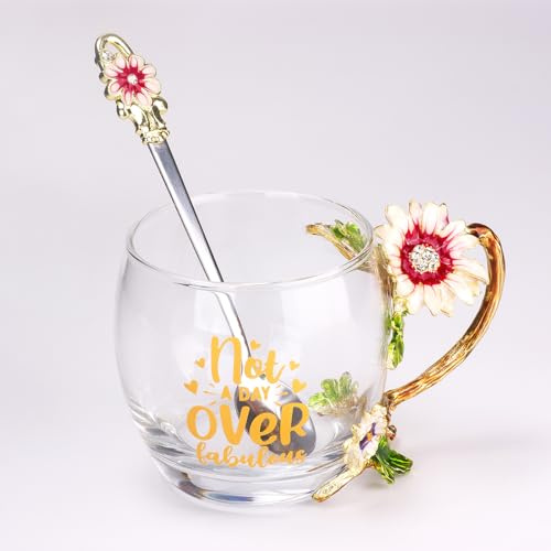 PPEA Emaille Sonnenblume Kristall Bleifreie Glas Teetasse mit Löffel Set, Geschenk für Weihnachten, Valentinstag. Beste Geschenk für Mutter, Oma, Freundin, Schwester.