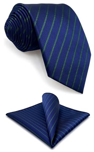 S&W SHLAX&WING Corbata para hombre color azul marino azul real rayas verdes y pañuelo de bolsillo tamaño clásico formal 147cm×8cm pulgadas.