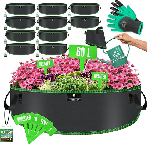 KESSER® Pflanzsack 60 Liter - 10er Set | Pflanzsäcke aus Vlies-Stoff inkl. Schildchen & Gartenhandschuhe | Kartoffel-Pflanztasche mit Fenster & Griffen | Pflanzbeutel für Gemüse Blumen Früchte Schwarz