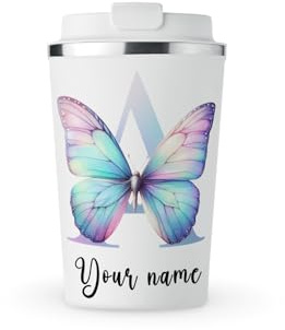 MAXIKIWI - Personalised Insulated Double Walled, Leakproof Stainless Steel Mug, Coffee or Tea Travel Tumbler with Lid, Keep Drinks Hot and Cold - Butterfly - 350ml