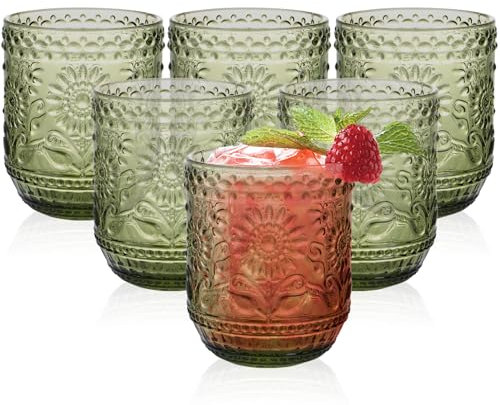 Ulable Drinking Glasses Set of 6-360ml/12oz Vintage Tumbler Glasses - Decorative Floral Embossed Water Glasses - Heavy Duty Glassware Beverages Tumblers for Whisky, Beer, Juice, Wine, Green