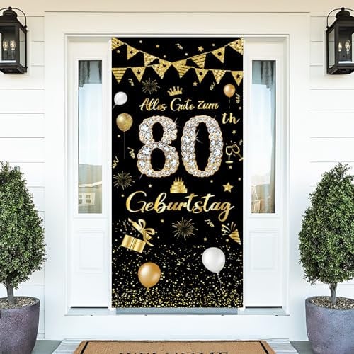 Deko 80. Geburtstag Banner für Mann und Frau - Alles Gute zum Geburtstag Party Dekoration, Schwarzes Gold, 185 × 90 cm