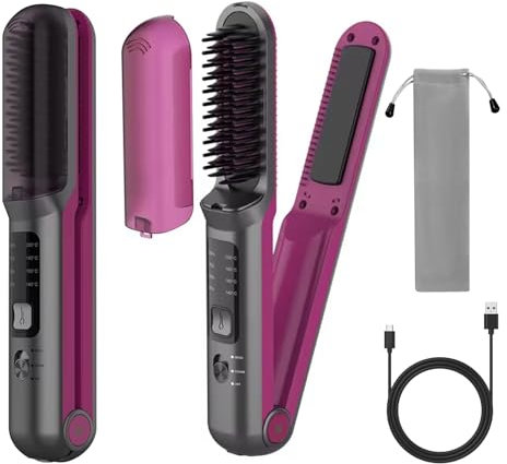 Cordless Hair Straighteners, 2 in 1 Cordless Hair Straightener Brush and Flat Iron, Negative Ion Ceramic Hair Straightener Comb, 20s Fast Heating, 4 Temperature, 4500mAh Battery (Purple)