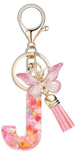 Nodigao Schlüsselanhänger mit Schlaufen für Mädchen Damen Frauen mit Quasten Rosa Schmetterling Buchstabe Schlüssel Taschenanhänger - J