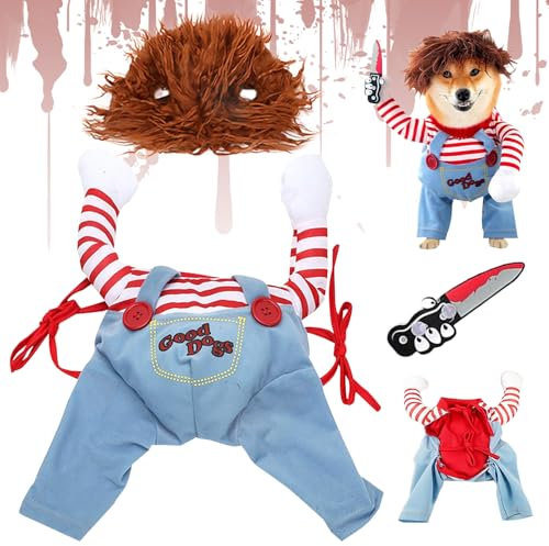 Costume per Cani Halloween, Divertente Travestimento da Bambola Mortale con Parrucca e Coltello da Schiuma per Pet di Taglia Piccola