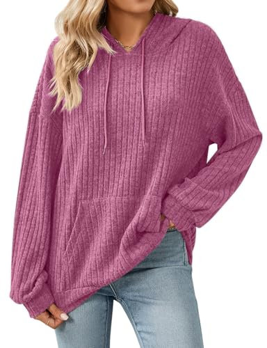 Gemulate Womens Sweaters and Jumpers Hoodies for Women UK Ladies Long Sleeve Tops Casual Cozy Sweatshirts Going Out Striped Tshirt Hot Pink XL
