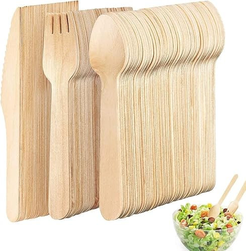 90 PCS Wooden Cutlery Set, Disposable Biodegradable Wood Eco Friendly, 30 Spoon, 30 Forks, 30 Knives, Ideal for Wedding, Picnic, Party, Christmas and Home Daily Use