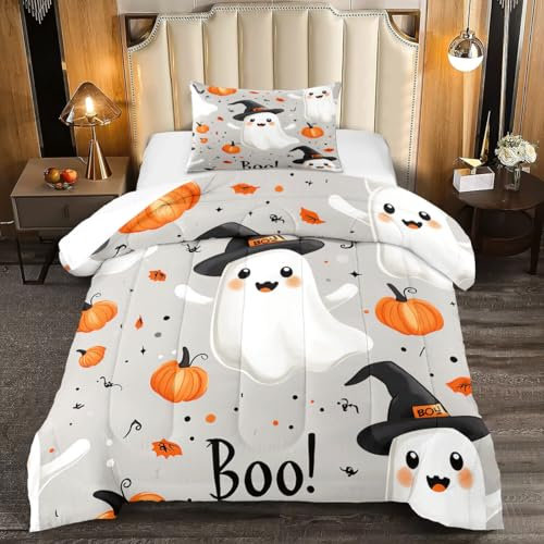 YUTNSAN Halloween Bettwäsche 135x200cm Kürbis Geist Muster für Kinder Jungen Mädchen Weich Mikrofaser Grau Weiß Bettbezug mit Kissenbezug 80x80cm