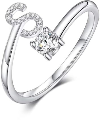 TINGN Ringe Frauen Silber 925 Damen, Damenring Silber 925, Eheringe Ringe Verstellbar, Ring mit Stein, Promise Statement Ring mit S Buchstaben, Geschenke für Freundin