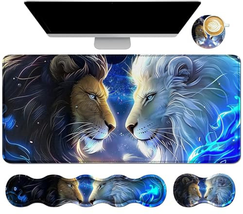 Dikoer 4Pcs Memory Foam Keyboard Mouse Wrist Rest Pad + Gaming Desk Mat 31.5 * 11.8 + Mouse Wrist Cushion + Coasters Set, Non-Slip Desk Pad Protector for Laptop Computer Home, Black White Tiger