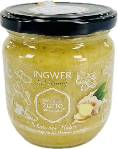 Honig mit Ingwer 500 g - 0.5 kg - Großes Glas - Bienenhonig - Europäischer Naturhonig - Hergestellt in der EU - Zum Süßen - Zuckerersatz - Für Backwaren