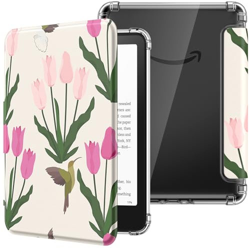 MoKo Case for All-new 7 Kindle Paperwhite 12th Generation 2024&Kindle Colorsoft Signature Edition 2024, Ultra Clear Soft Flexible Transparent TPU Back Cover Light Shell with Auto Wake/Sleep, Tulip
