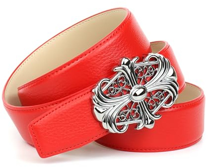 Anthoni Crown Ledergürtel Damen elegant, 4,0 cm breit, Automatik Damengürtel, Jeansgürtel, silberfarbene Motiv Schnalle, weiße Rückseite für helle Hose, Modell 1WT60.00L