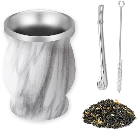 Set Mate, Juego de Taza de Acero Inoxidable de 230 ml, con Pajita y Cepillo de Limpieza, Taza de Mate de Doble Pared Resistente al Calor, Apta para Cocina, Restaurante, Cafetería, Mármol