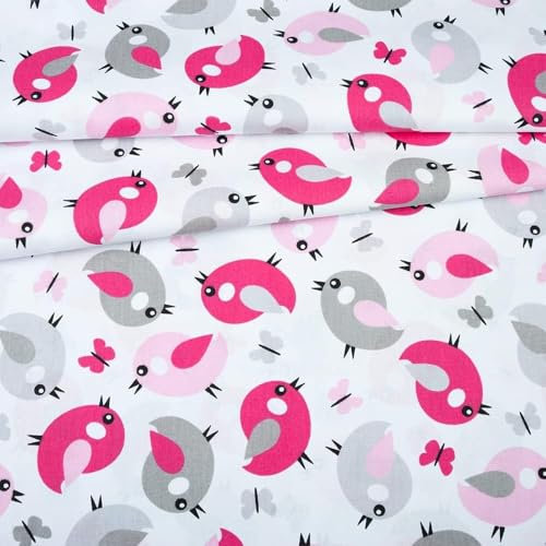 Fabreco - Baumwollstoff Meterware - 220g/lfm | Stoff Meterware mit Muster: Vögel grau rosa | Weich, langlebig & hautfreundlich