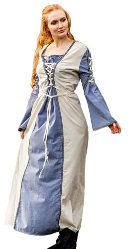 Leonardo Carbone® Damen Kleid Amalia | Kunstvolle Schnürung | Zweifarbige Gestaltung | Karneval, Halloween, Cosplay, LARP, Mittelalter, Kostüm, Festkleid | 100% Baumwolle Natur/Taubenblau 2XL