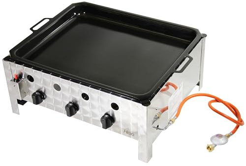 Edelstahl Gasbräter Gasgrill 10 kW fahrbar – 3-flammig mit Grillpfanne, Gestell, Gasschlauch & Druckminderer – Profi Gastro & Camping (Set 3 - Gasbräter B01 + Pfanne G02)