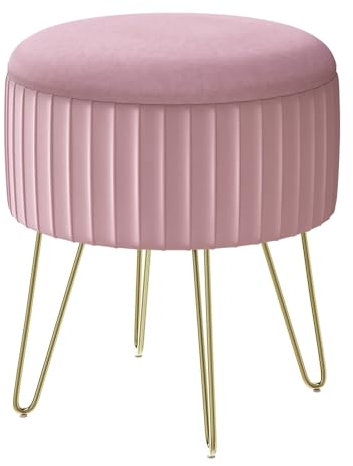 WOLTU Poggiapiedi Ottomano, Contenitore con Rivestimento in Velluto Olandese e Gambe in Metallo, Sgabello Rotondo per Soggiorno/Camera da Letto/Ingresso, φ31,5xH37,5 cm, Rosa chiaro, SH105rs