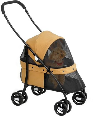 PawHut Carrito para Perros Plegable Cochecito para Mascotas Cochecito para Perros Pequeños con Ventanas de Malla Cojín Lavable Correas de Seguridad y Marco de Acero Carga 10 kg Café