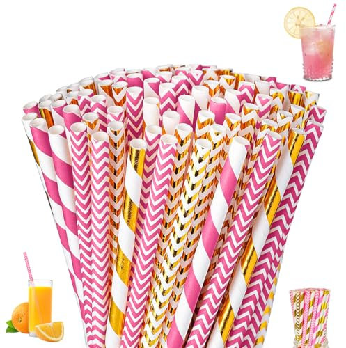 300 Stück Papierstrohhalme, Strohhalme Papier, Trinkhalme aus Papier 19,7 cm, Bunte Cocktail Strohhalme Trinkhalme Biologisch Abbaubare für Cocktails Kalte Getränke und Säfte, Hot Pink & Gold