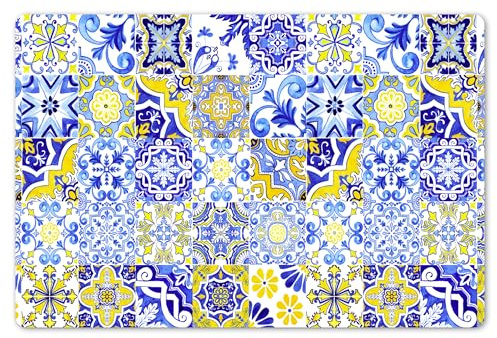 KitchenYeah© Set Tovagliette Americane Lavabili 6 Pezzi 45x30 cm Tovaglietta Plastica Rettangolare Antiscivolo per Cucina o Sala da Pranzo Piastrelle - Blu Di Delft - Giallo - Antico - Motivo
