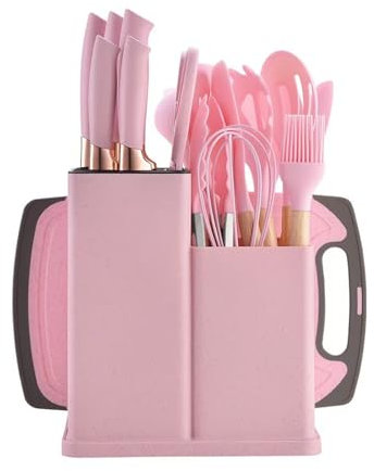 ASIAD Küchenmesser Set 19 Teiliges Küchenutensilien Set Silikon Küchenhelfer Set mit 12 Kochutensilien,5 Messern,Schneidebrett und Halter,Spülmaschinengeeignet,Rosa