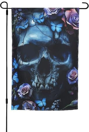 Willkommens-Gartenflagge, Terror, Totenkopf, Schmetterlinge, Blumenflaggen, wetterbeständig, Bauernhaus, Outdoor, Veranda, Dekoration, Heimdekoration, 30,5 x 45,7 cm