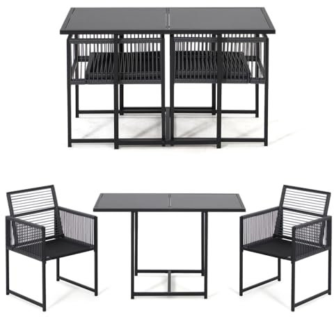 EROMMY Patio Bistro Set – PE Rattan Chairs with Folding Backrest & Tempered Glass Tabletop, Outdoor Dining Set for Small Garden, Balcony, Poolside
