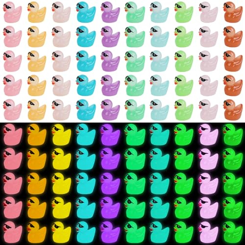 KIPEREE Mini Glow in The Dark Ducks with Sunglasses - 100 Pcs Luminous Plastic Ducks, 10 Colors for DIY Projects & Decorations