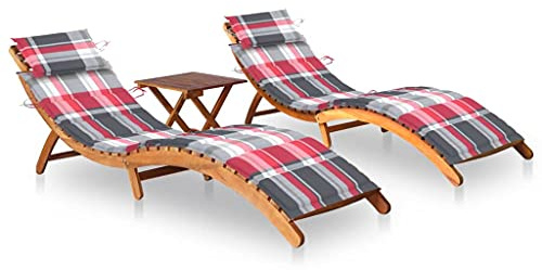 Hoodmeel Sonnenliege Holz mit Auflage Klappbar Gartenliege Holz klappbar Liegestuhl Holzliege Liege Garten Balkon Sauna Liege Relaxliege-Rotes Karomuster-2 Sonnenliegen mit Tisch