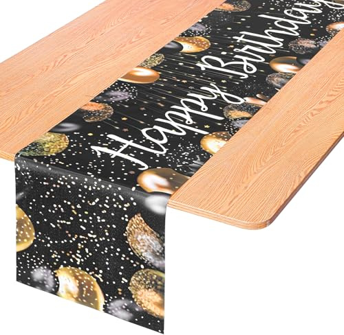 DOPENSPI Tischläufer Happy Birthday, 183 x 33 cm Schwarz Gold Tischläufer | zum Geburtstage, Esszimmer Tischdekoration Bunte Tischdecken zum Geburtstag für Männer Frauen Zuhause Party