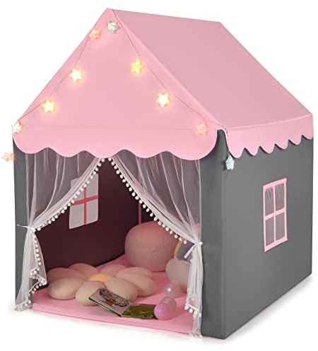 HOMASIS Kinderzelt für Indoor, Spielhaus mit Matte & Sternlichtern & Fenstern & doppeltem Vorhang, Kinder Spielzelt Prinzessin Kinderspielzelt Bettzelt für Mädchen & Jungen (Rosa, Buntes Licht)