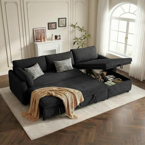 HOMVIMI Corner Sofa Bed Double with Storage, Corduroy L Shaped 3 Seater Sofa, Convertible Pull Out Sectional Couch Bed, Reversible Chaise for Left or Right, Ideal for Lounge, Black