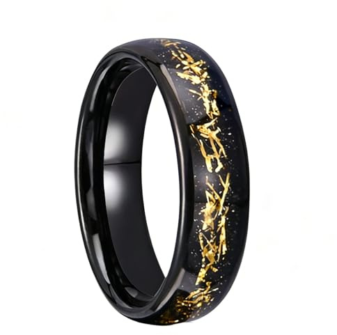 Grewod Ring Wolfram Herren, 6mm Schwarz Dome Design mit Gold Draht Einlage Schmuck Trauringe Größe 65 (20.7)