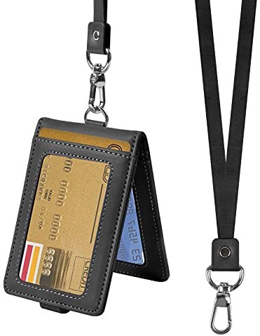 Porte-Badge avec Cordon Tour de Cou, Porte-Cartes d'Identité en Cuir PU Double Face avec Fenêtre Transparente, Protection Pochettes pour Carte de Visite, Carte d'Étudiant, Carte de Bus, Noir