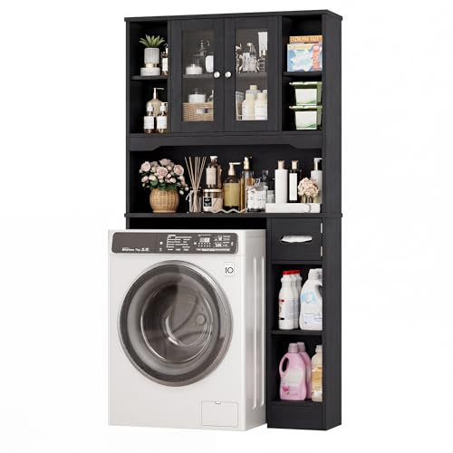 FOREHILL Mobile Lavatrice con 2 Ante, Mobile Sopra WC 89x20x173cm Nero
