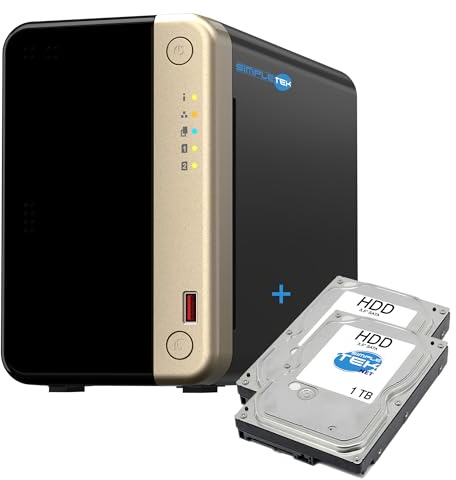 SIMPLETEK - NAS Professionale a 2 Vani - Processore Quad-Core - 8GB RAM - Inclusi 2x HDD 1TB - 2 Slot M.2 NVMe - Doppia Porta 2.5GbE (Ricondizionato)