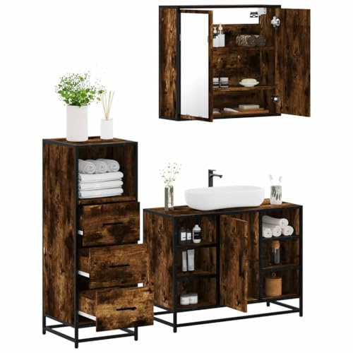 Ordellia Ensemble de Meubles de Salle de Bain 3 pcs chêne fumé Bois d ingénierie, Cadre métal, Miroir Verre, Armoire Vasque 80x33x60, Colonne 35x37,5x100 pour Rangement
