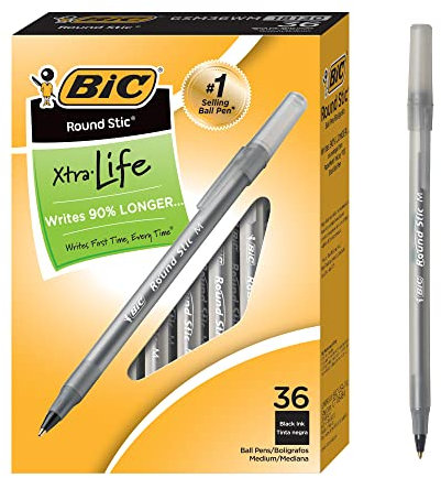 Bic Stic Xtra Life. Bolígrafo redondo, punta mediana, color negro 36 Count