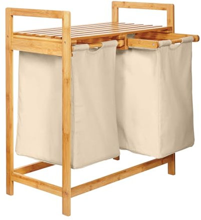 Lumaland Panier à linge en bambou avec 2 sacs à linge extensibles | Taille environ 73 cm de hauteur x 64 cm de largeur x 33 cm de profondeur, Couleur : Beige
