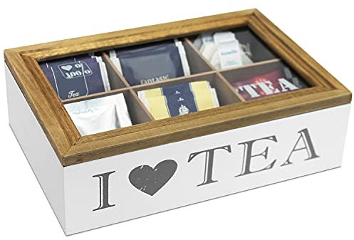G. Wurm Teebox 'I Love Tea' mit Sichtfenster und 6 Fächern, Teekiste Teedose Holzbox für Teebeutel
