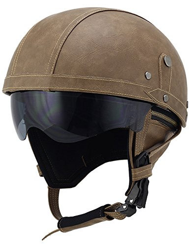 Woljay Cuir Casque de Moto et Velo Bol Lunettes Retro Style de Vintage Cuir Moto Biker Croiseur Scooter Tournée Casque (Marron avec lentille Solaire tombante)